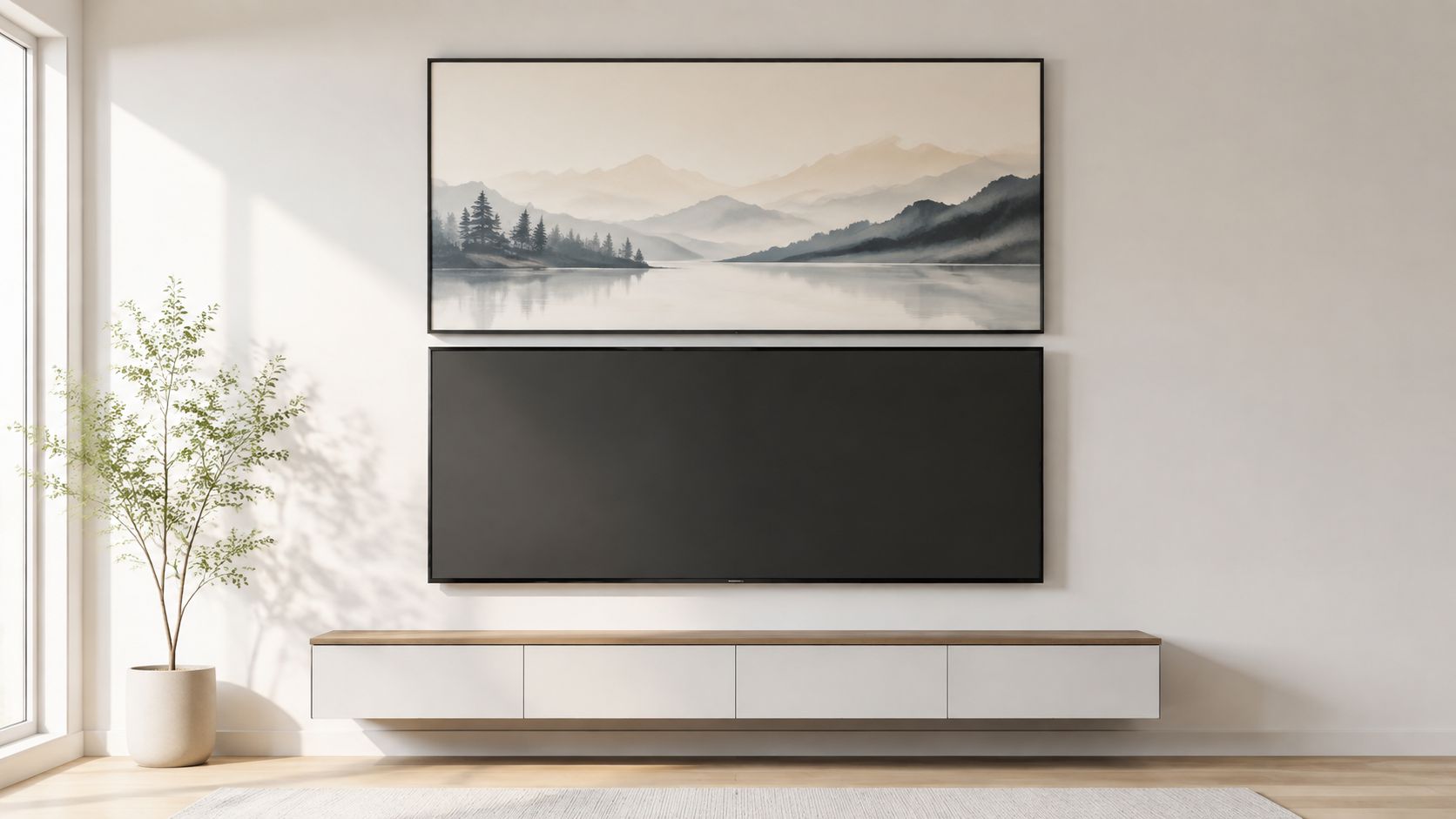 A modern minimalist living room featuring a wall-mounted television with landscape art displayed above it.