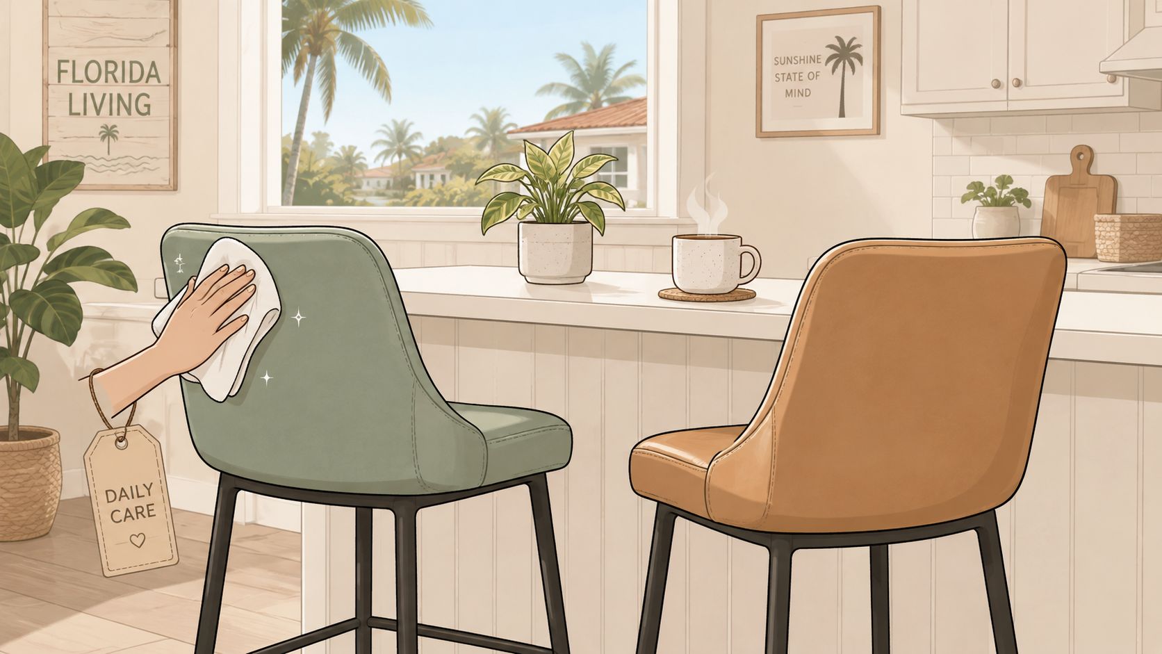 A hand cleans a green bar chair with a cloth, with a brown chair beside it in a kitchen.
