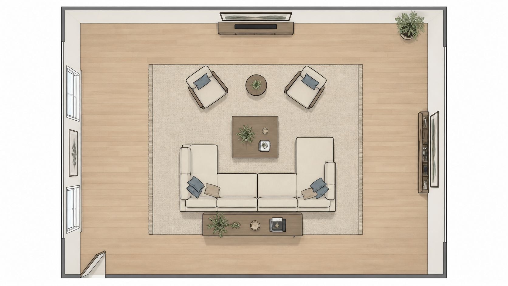 A top-down architectural floor plan view of a modern, symmetric living room furniture layout with a sofa.