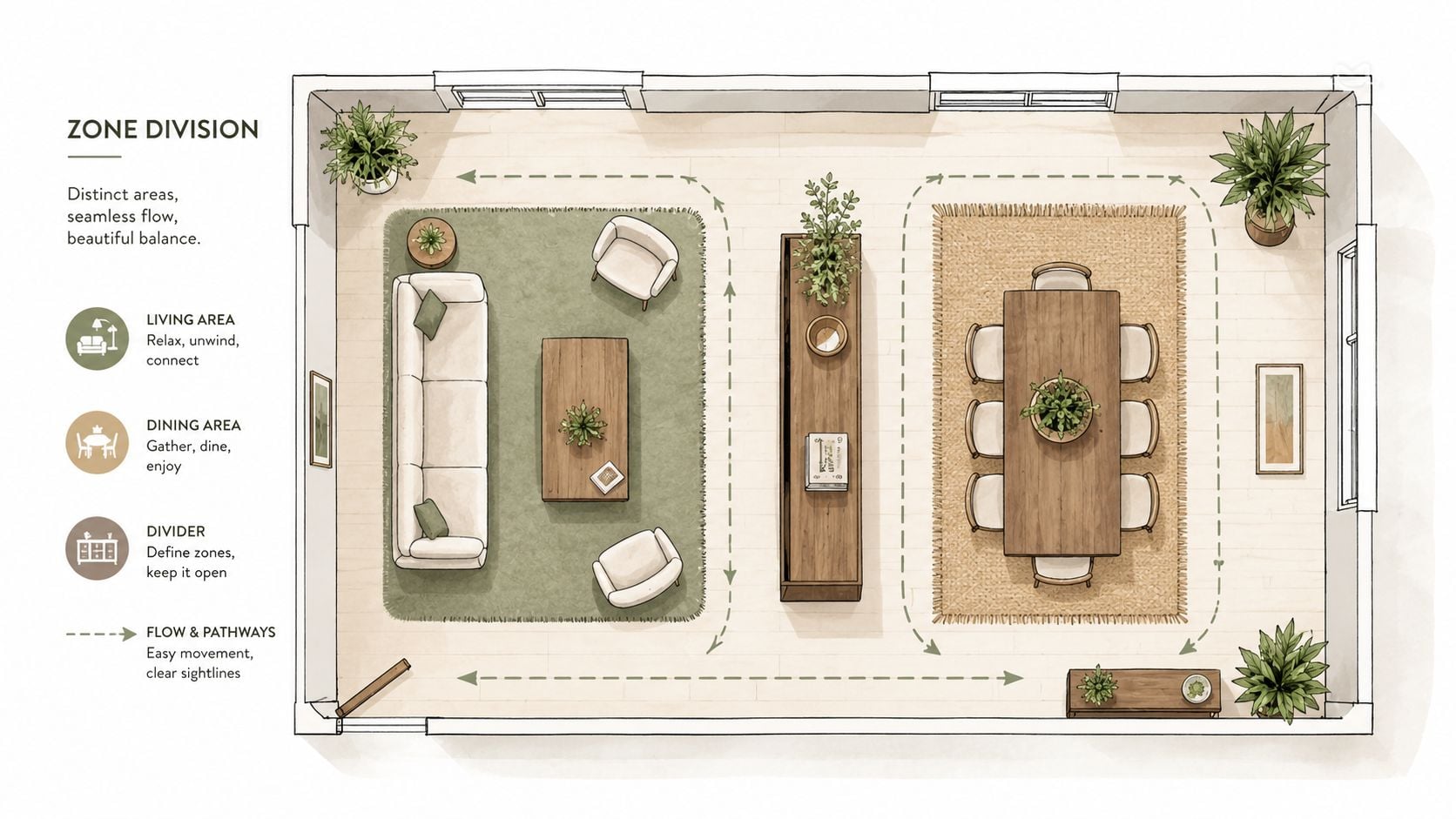 A top-down architectural floor plan illustration showing a living room and dining room with distinct zone division.