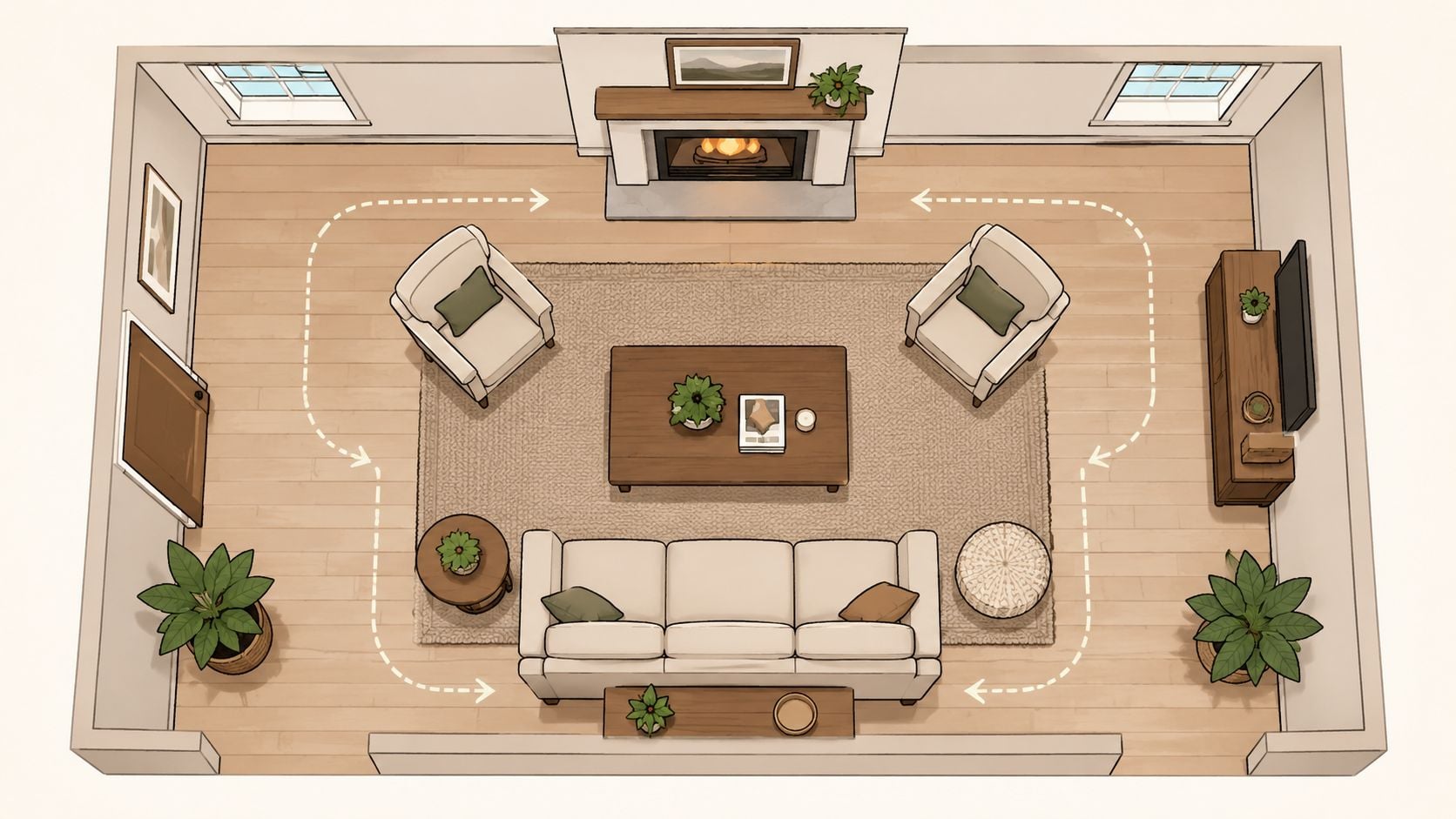 A top-down 2D floor plan illustration of a cozy, organized living room layout featuring seating and furniture.