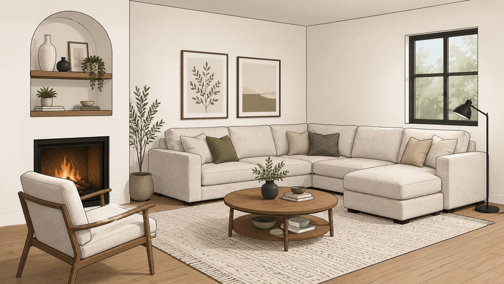 A cozy, modern living room featuring a large sectional sofa, fireplace with arched shelving, and neutral decor.
