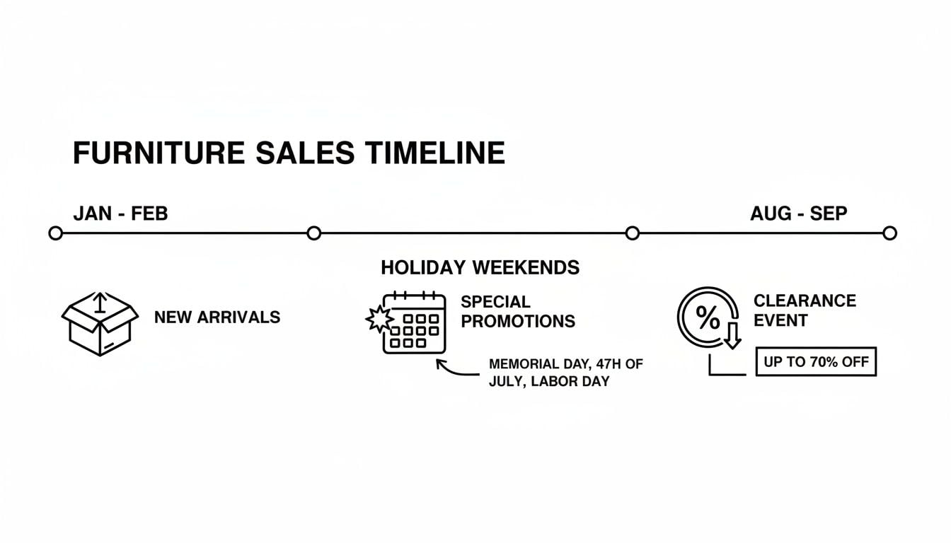 A furniture sales timeline showing new arrivals in Jan-Feb, special holiday promotions, and clearance events in Aug-Sep with up to 70% off.