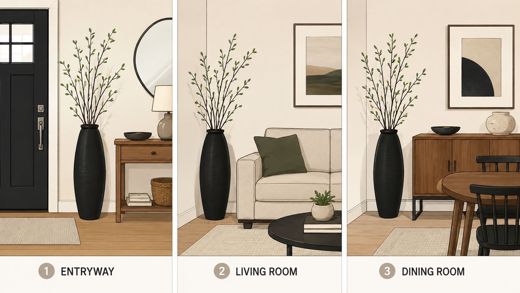 A black floor vase styled with green branches in three different home interior room settings.