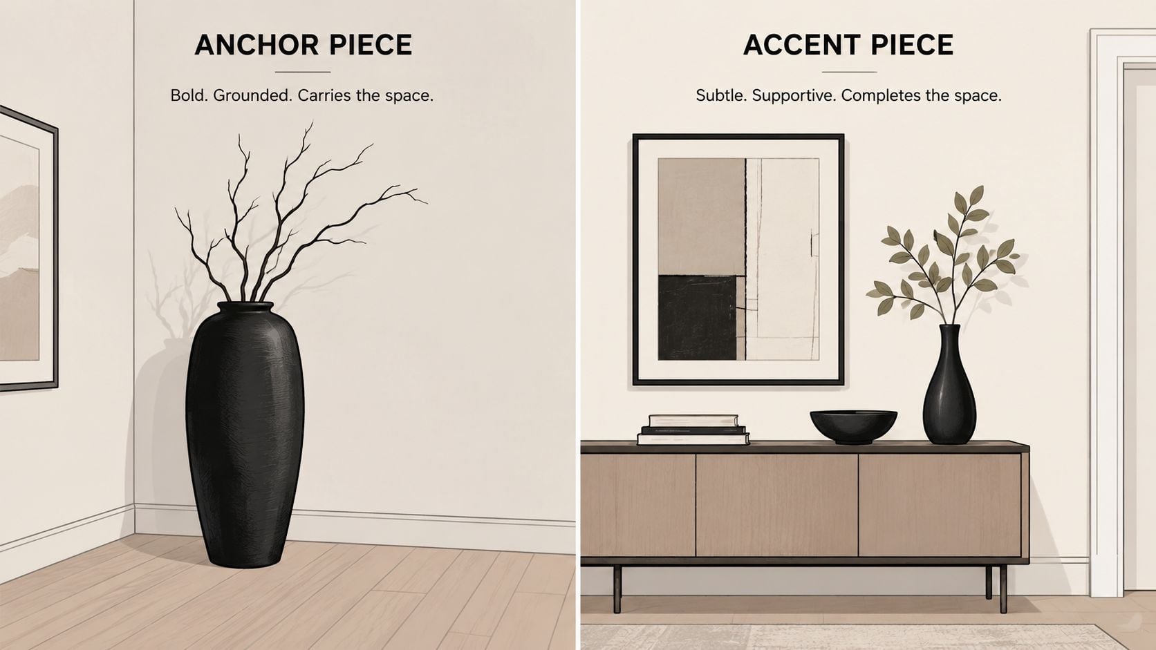 A split-screen comparison showing a large black floor vase as an anchor piece and smaller accent decor.