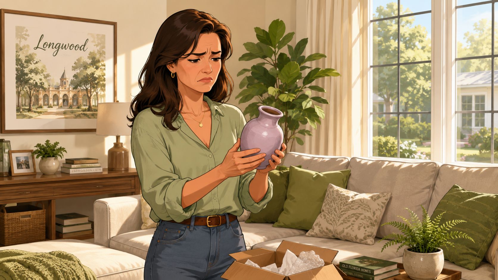 A sad woman standing in her living room, examining a small light purple vase she unpacked.