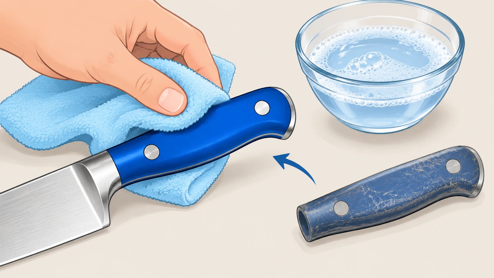 A hand wiping a clean, smooth blue knife handle next to a bowl of soapy water.