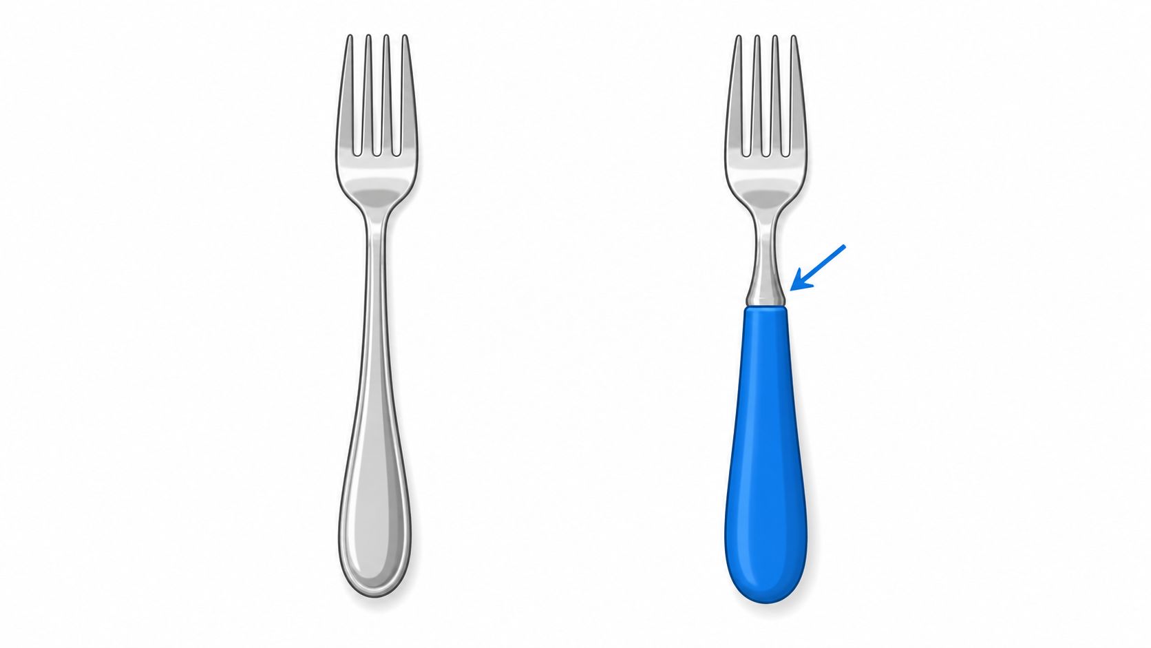 A standard stainless steel fork next to a fork with a distinct blue plastic handle.