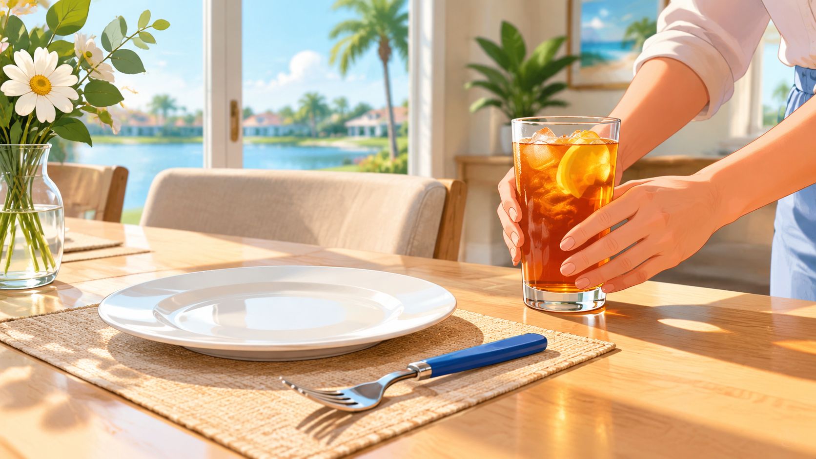 A person places a refreshing glass of iced tea with lemon on a wooden dining table