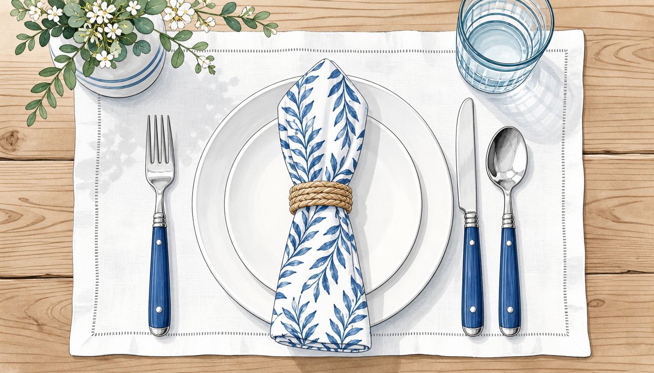A elegant place setting with blue handle flatware, a floral napkin, and a glass on a placemat.