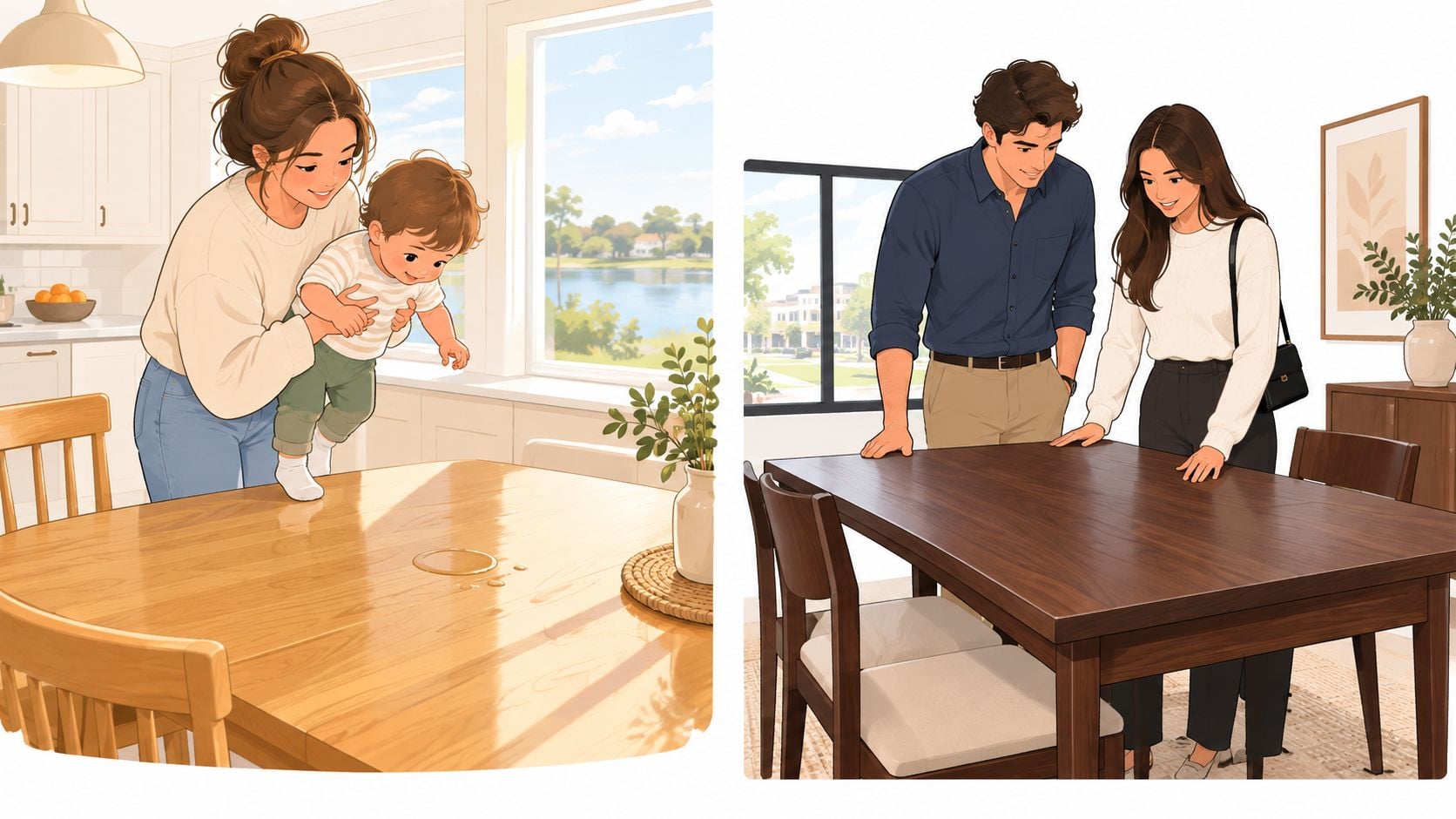 A split image showing a mother with her child on one side and a couple decorating a table.