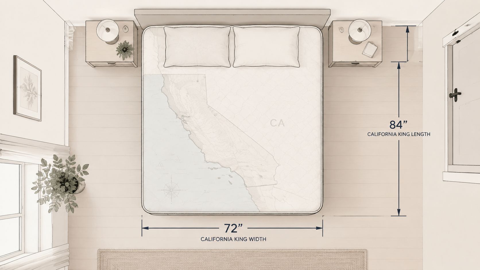 A top-down architectural floor plan illustration showing a California king mattress with dimensions of 72 by 84 inches.