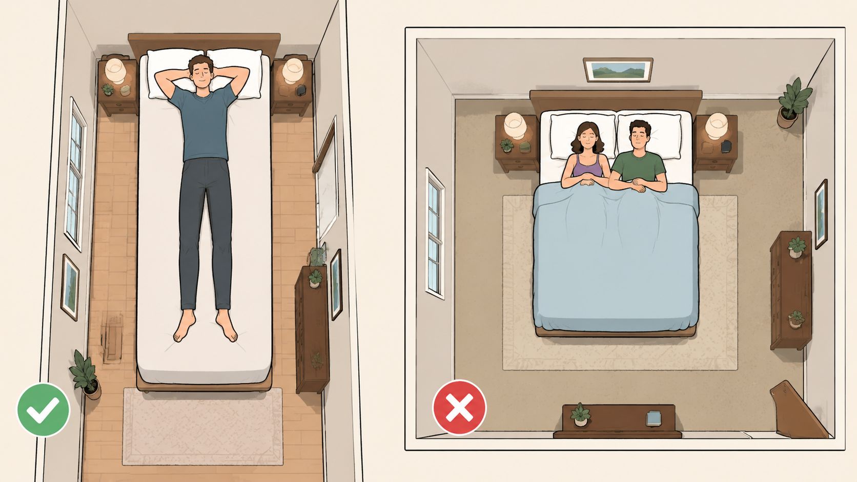 An illustration comparing bedroom furniture layout showing a preferred narrow room arrangement and an incorrect wider room arrangement.