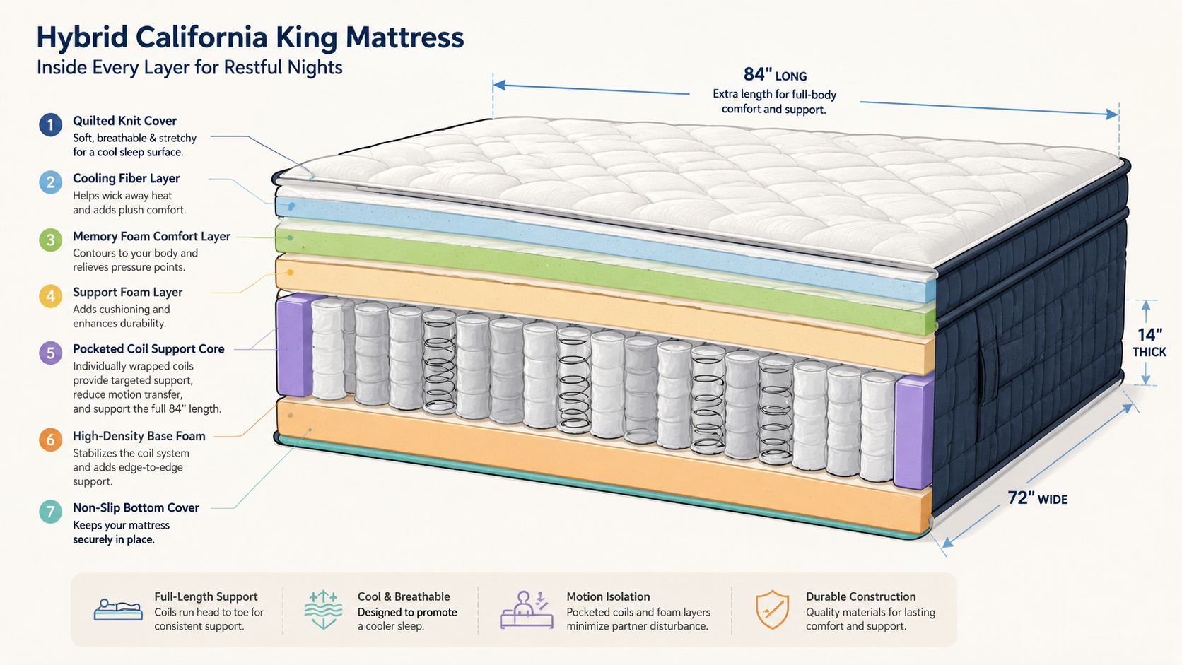 A cross-section diagram of a Hybrid California King mattress illustrating its seven distinct layers and dimensions.