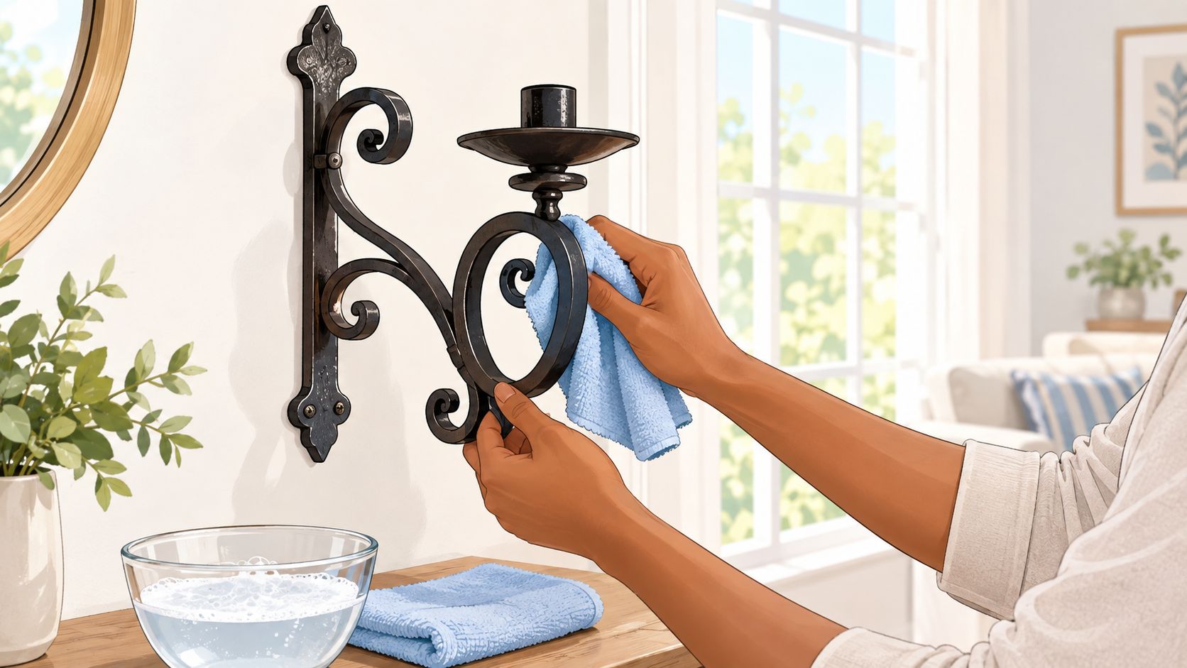 A person wiping down a black wrought iron candle wall sconce with a soft blue cleaning cloth.