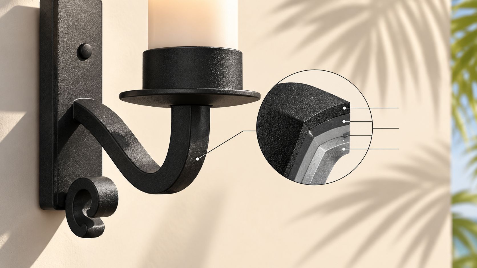 A close-up view of a black wrought iron candle wall sconce with a detailed cross-section diagram showing layers.