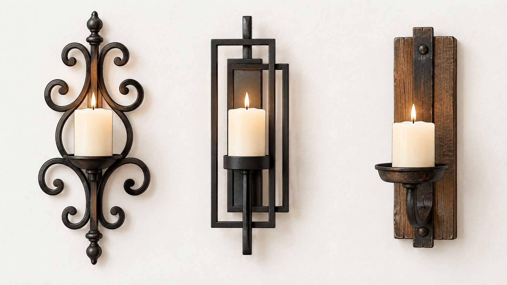 Three different decorative wall sconces with lit white candles hanging on a plain white wall