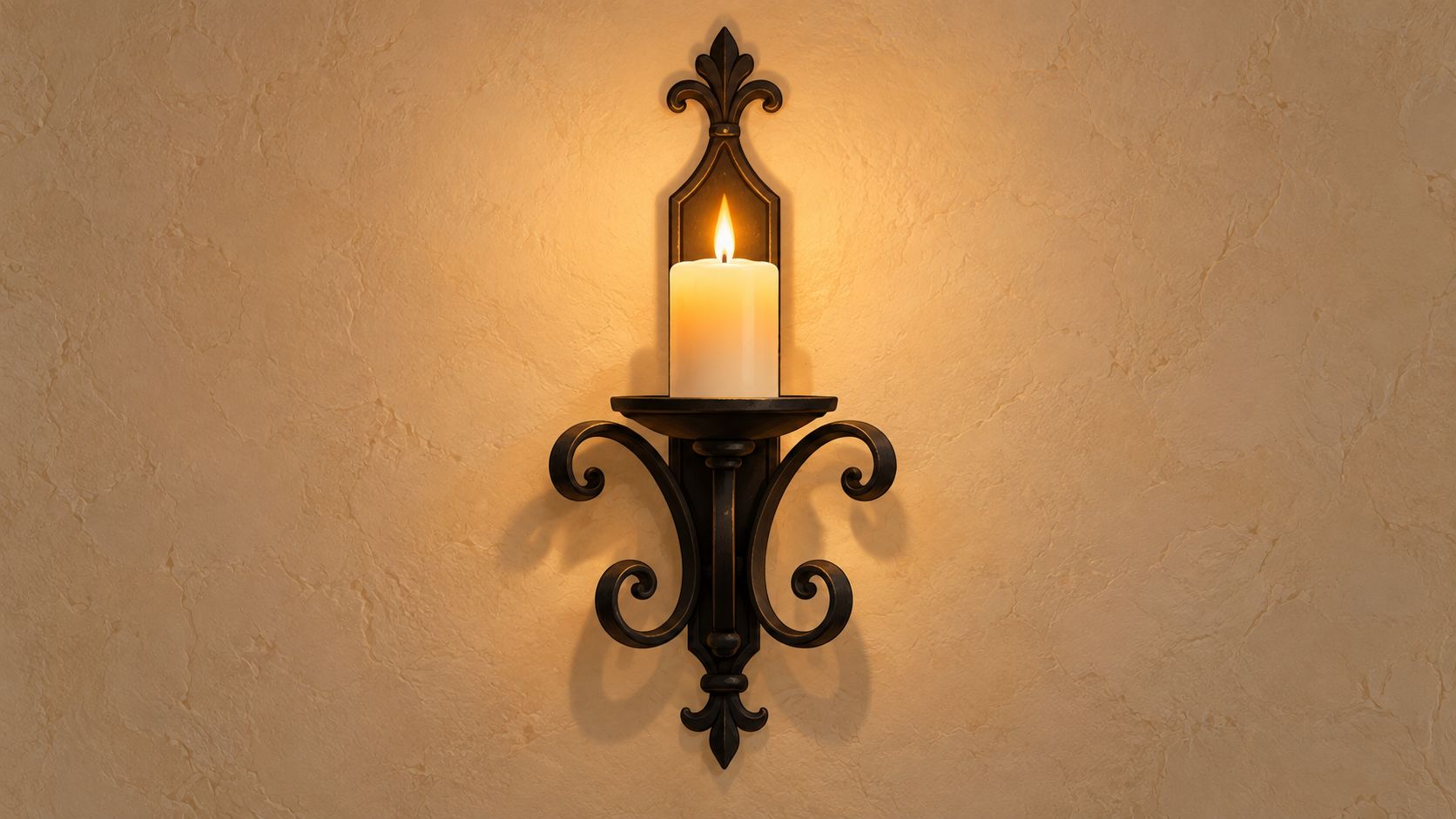 A decorative wrought iron wall sconce holding a single glowing white pillar candle against a textured wall.