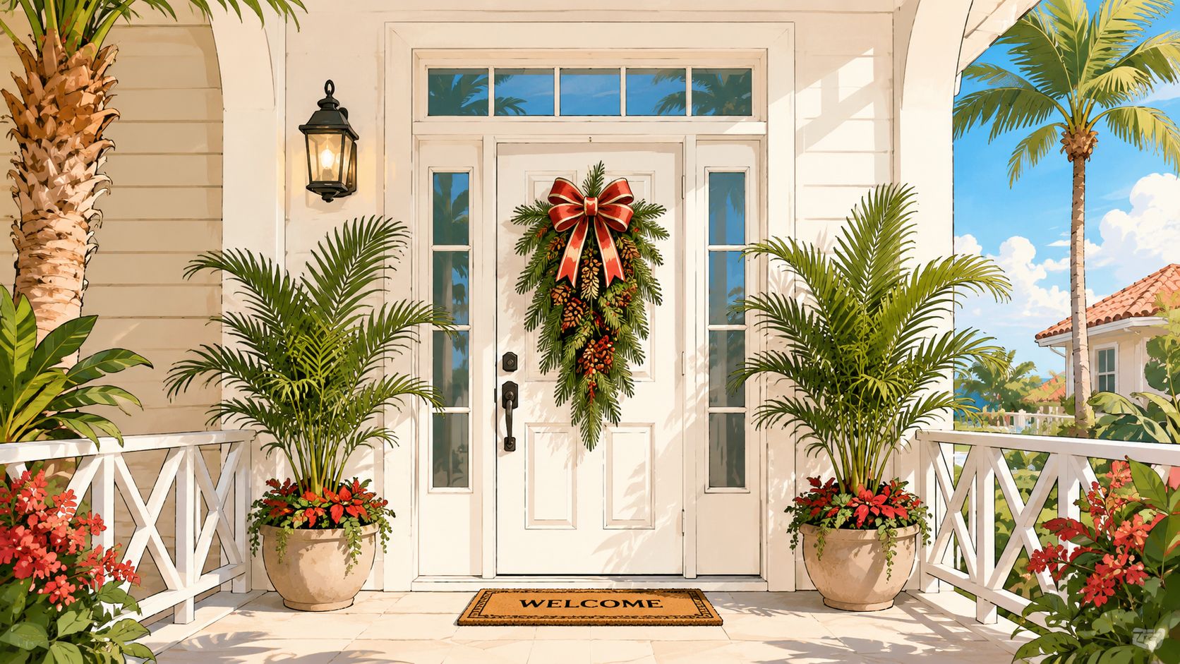 A festive front porch decorated for Christmas with a pine swag on a white front door.