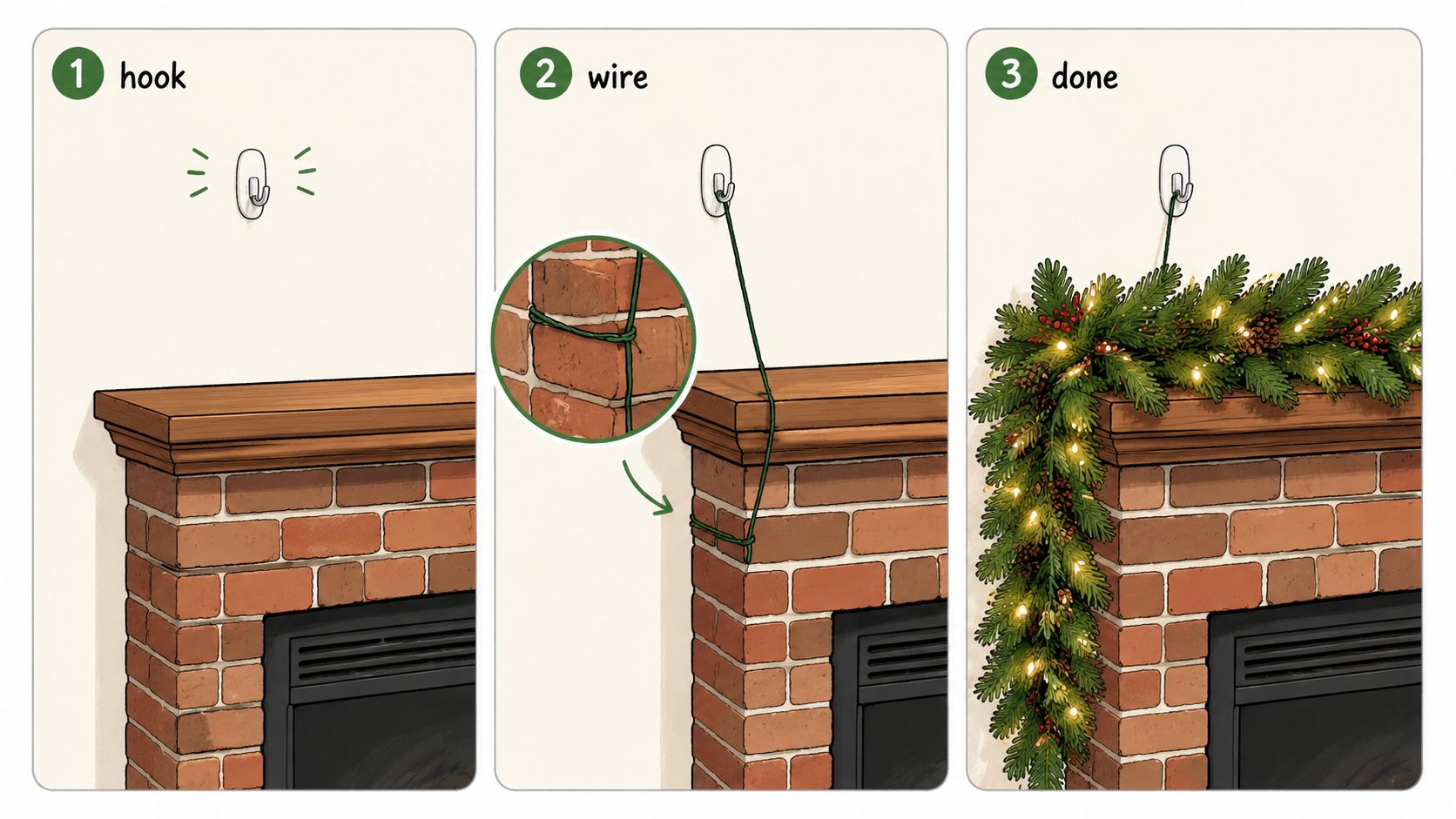 A three-step instructional guide on how to secure a Christmas garland to a brick fireplace using wire.