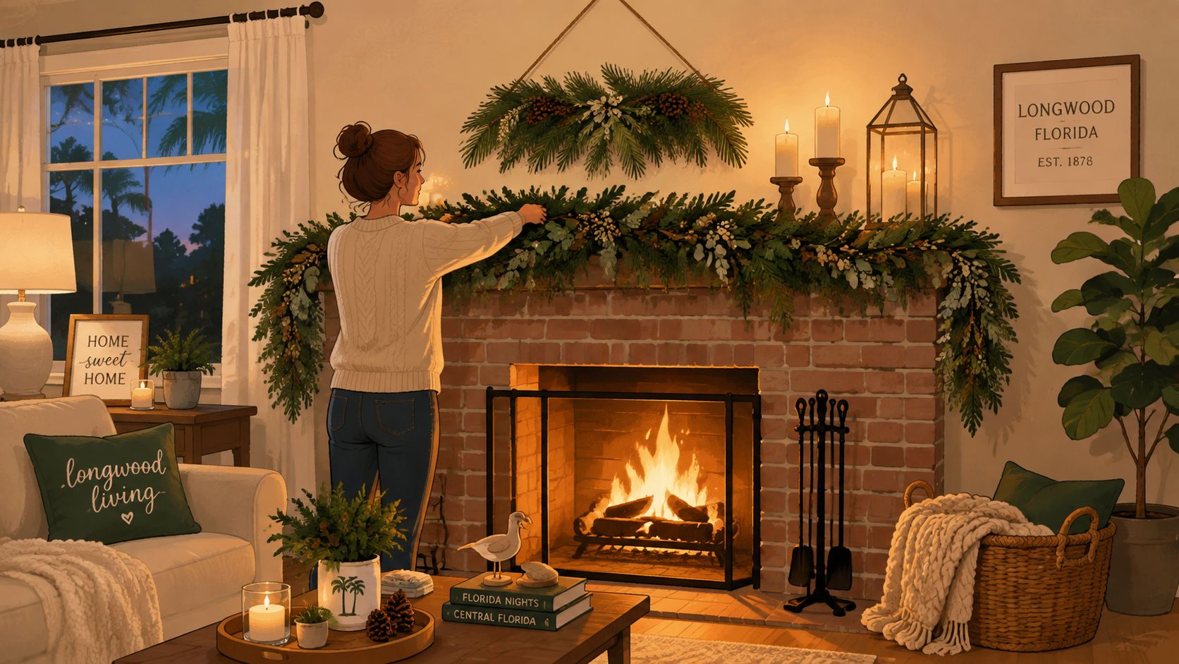 A woman decorates a brick fireplace mantel with fresh green christmas swags and garlands in a cozy living room.