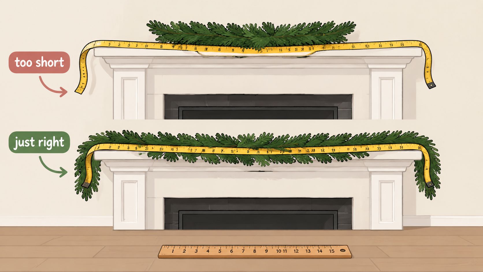 An illustration comparing a short Christmas garland to one of the correct length on a fireplace mantel.
