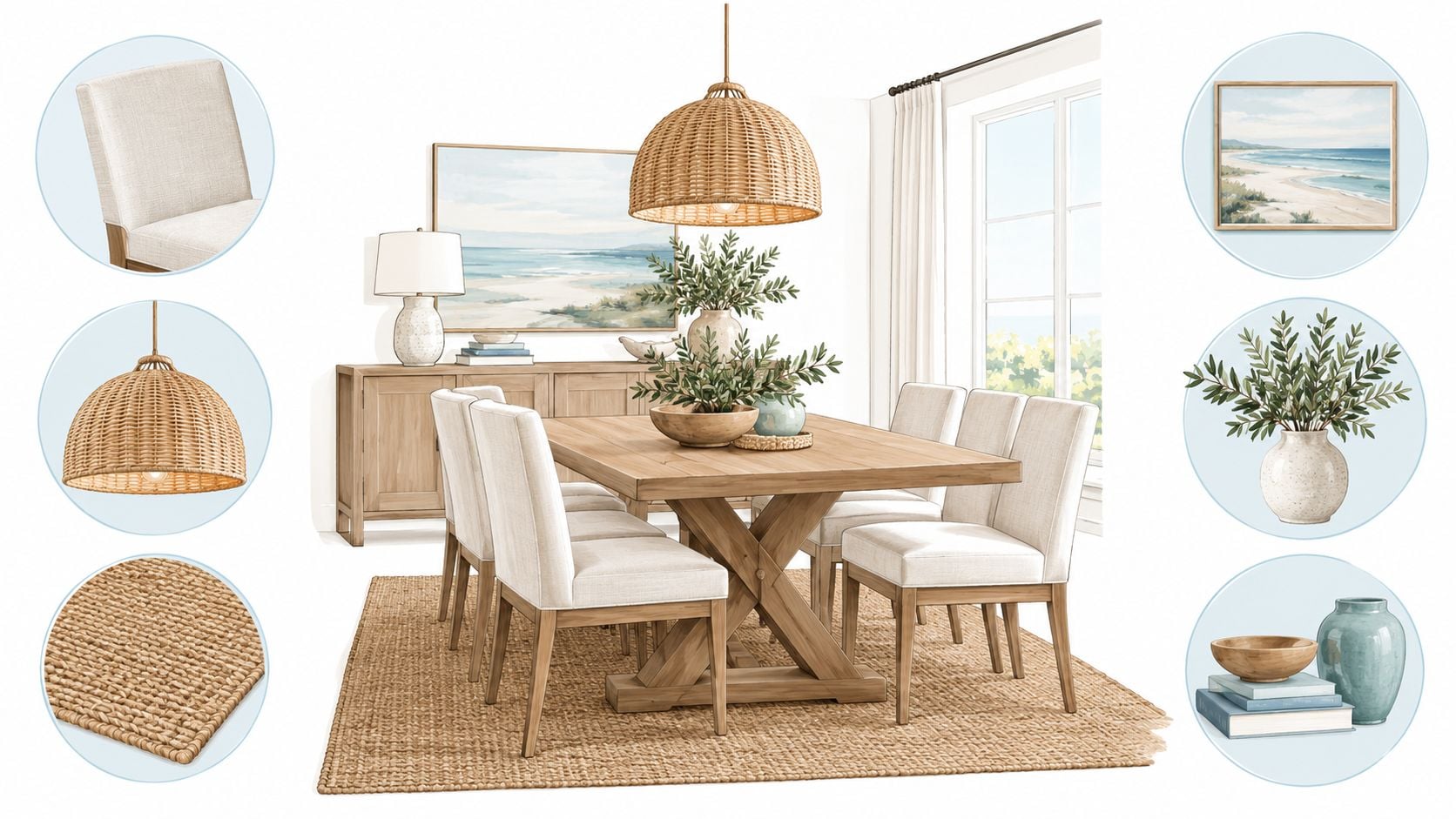 A coastal style dining room featuring a wooden table, linen chairs, woven rug, and beach art.