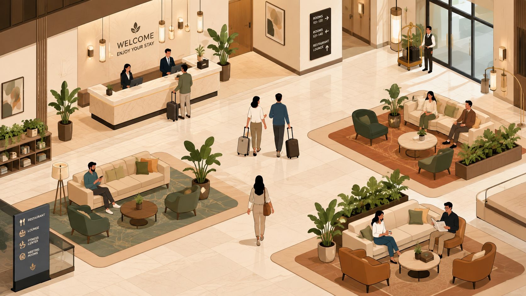 A wide angle view of a modern hotel lobby featuring lounge furniture and reception desk area.