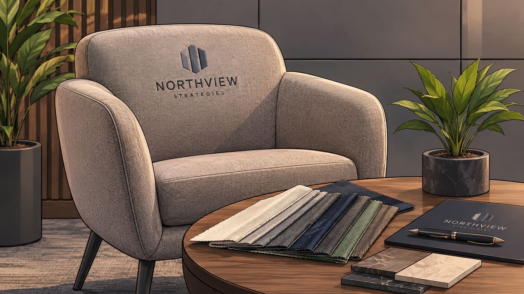 A modern office chair featuring the Northview Strategies logo next to fabric swatches and samples on a table.