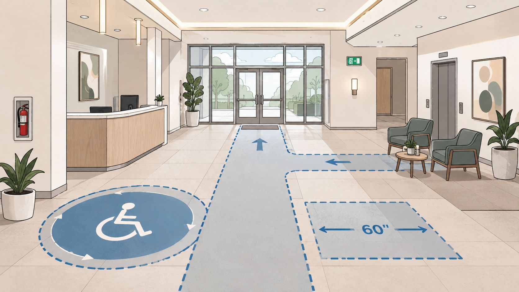 A brightly lit office lobby with modern furniture, a reception desk, and ADA accessible floor navigation markings.