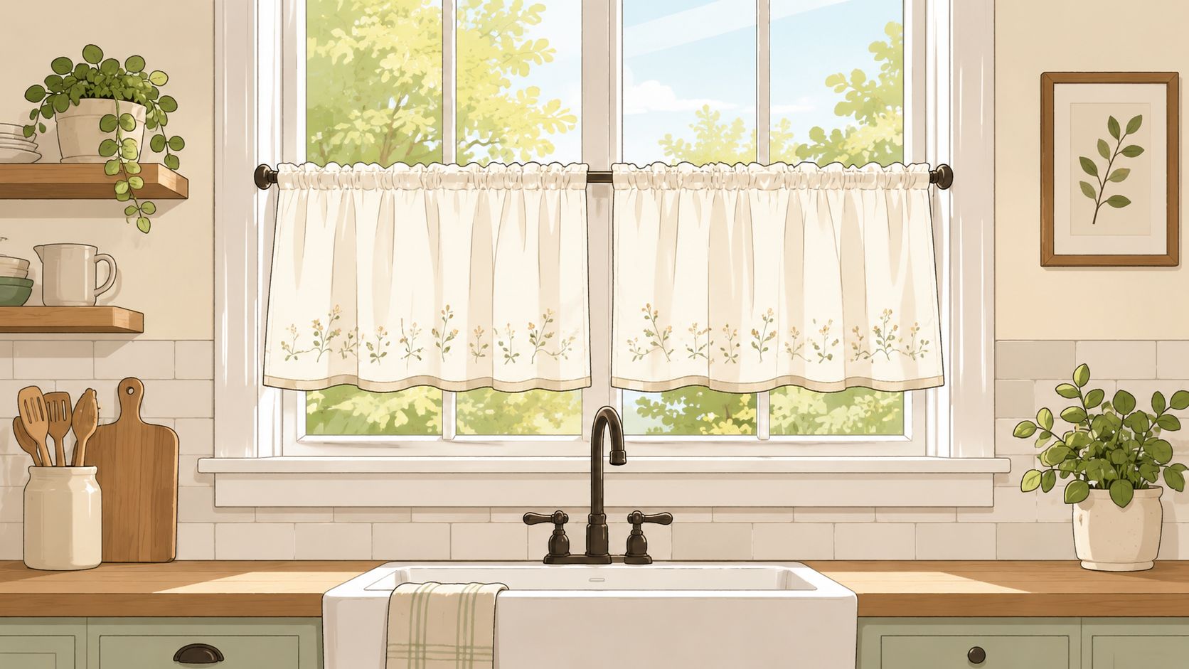 A charming farmhouse kitchen window featuring cream cafe curtains with delicate floral embroidery above a white sink.