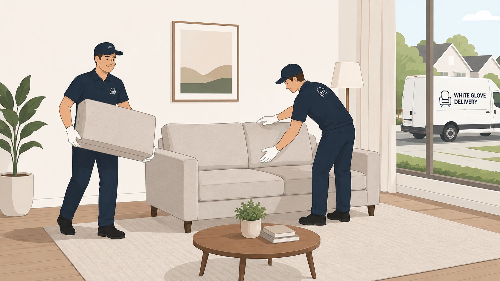 Two professional delivery men in uniforms placing cushions on a modern sofa in a living room.