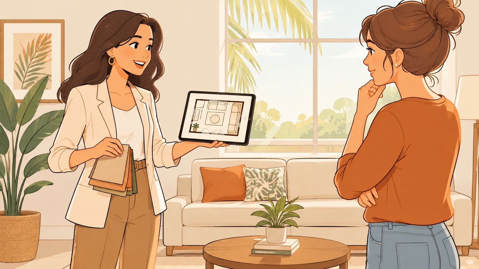 An interior designer holding a tablet showing a floor plan and fabric samples for a client.