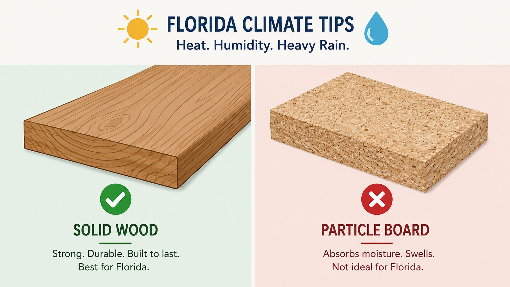 A comparison illustration showing solid wood as ideal for Florida climate versus particle board which is not.