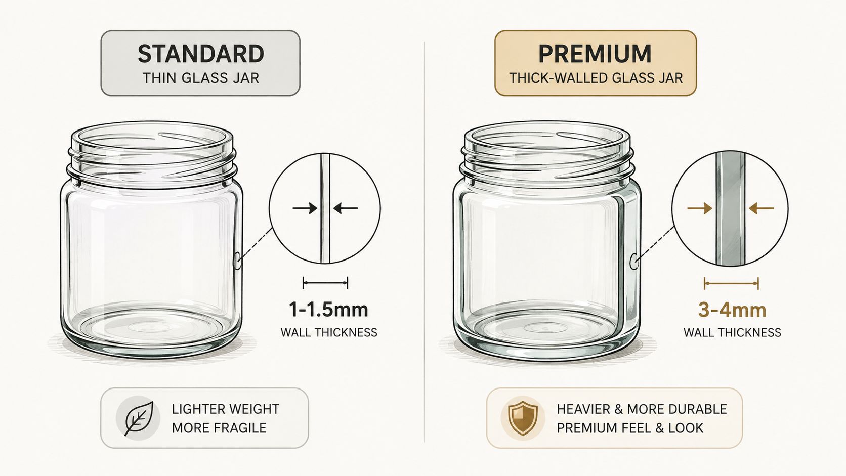 A comparison infographic showing a standard thin-walled glass jar versus a premium thick-walled glass jar.