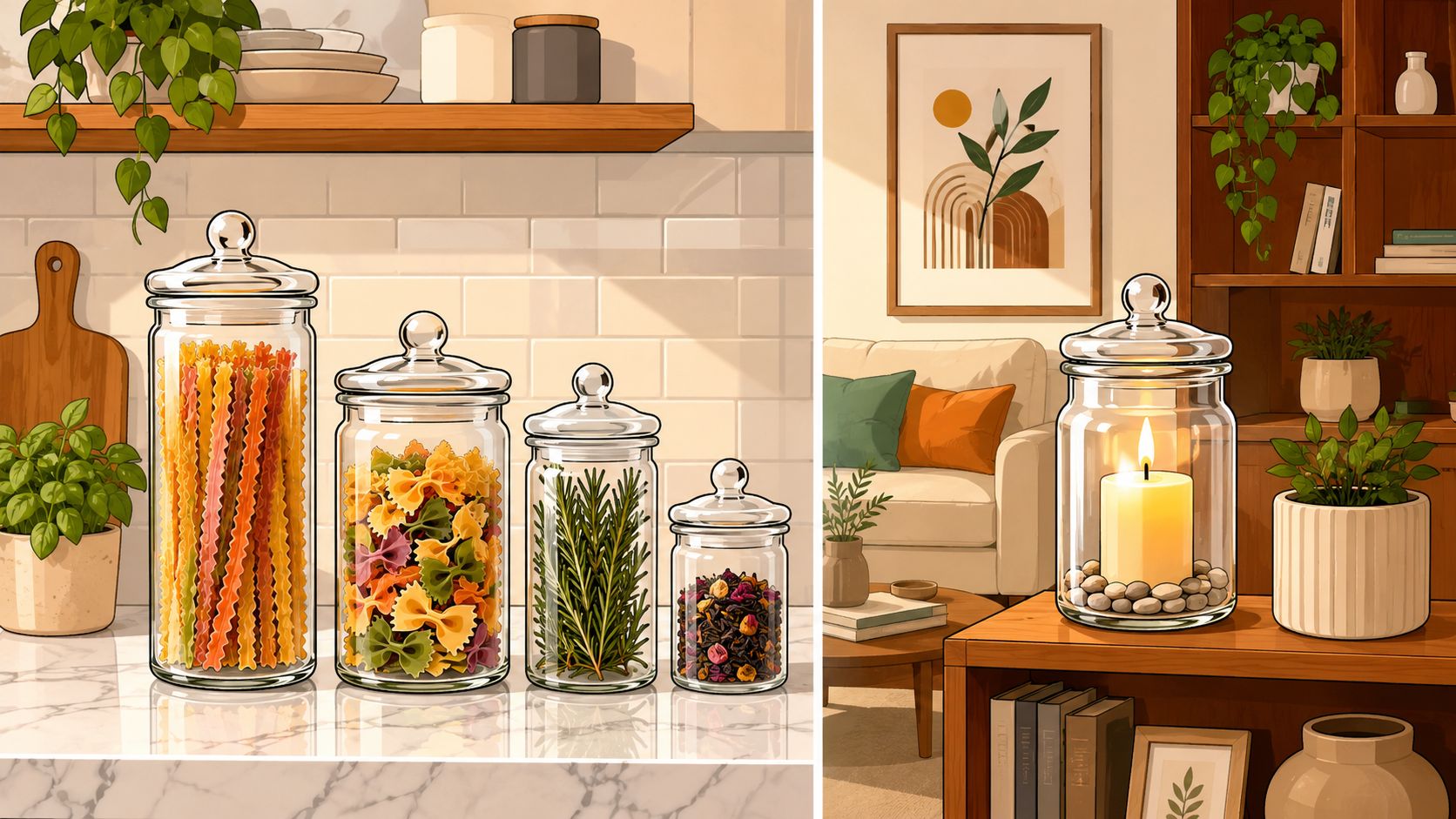 A split-screen illustration featuring various decorative glass jars filled with pasta, herbs, and a candle in home settings.