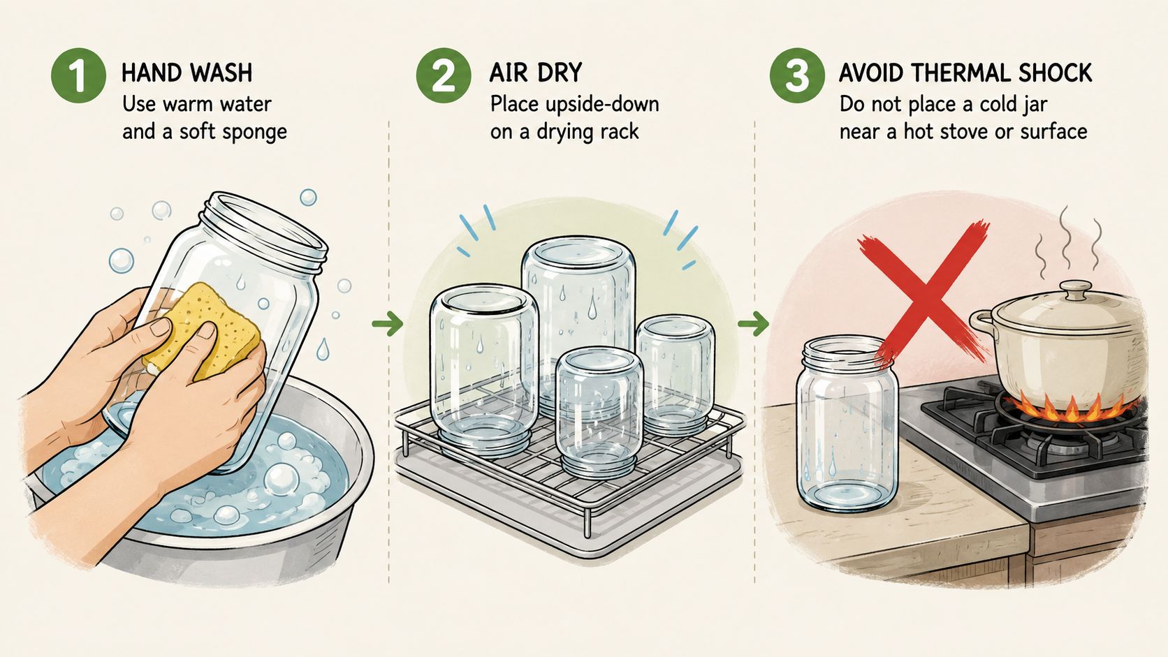 An illustrated three-step guide on how to safely hand wash, air dry, and store glass jars.