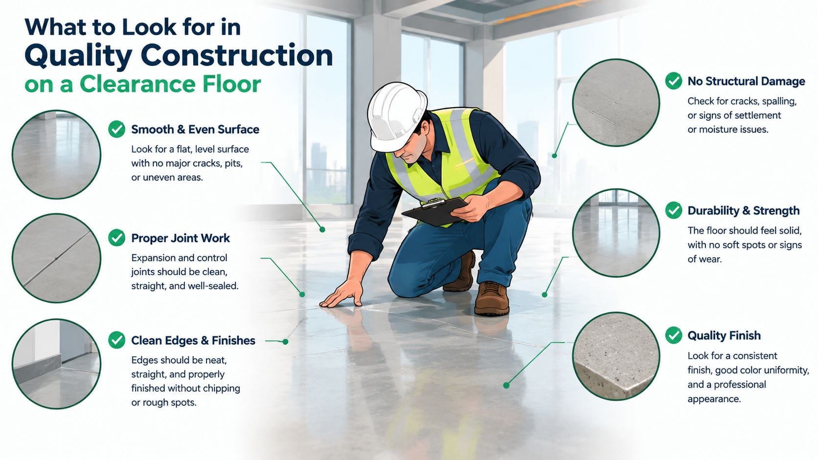 A construction inspector kneeling on a polished concrete floor, checking for quality standards in building construction.