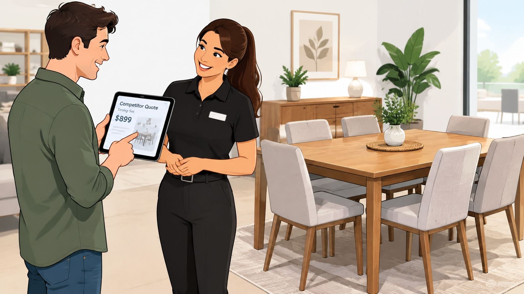 A store employee discusses dining room pricing with a male customer holding a tablet showing a quote.
