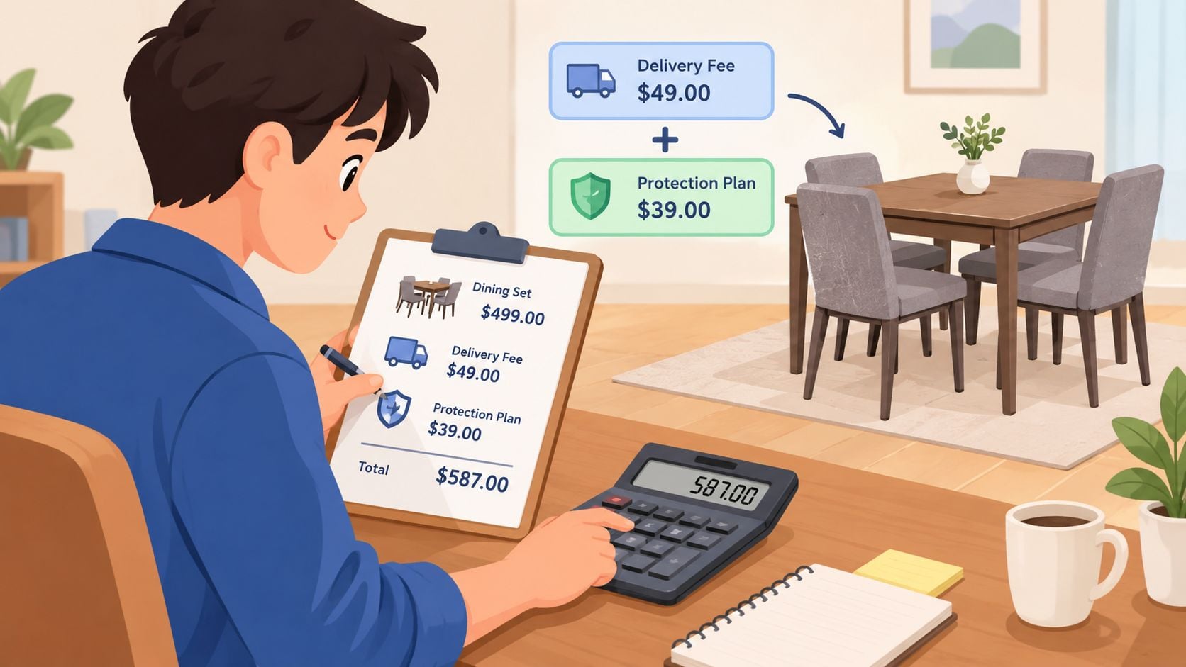 A young man sitting at a desk with a calculator calculating the total cost of a dining set.