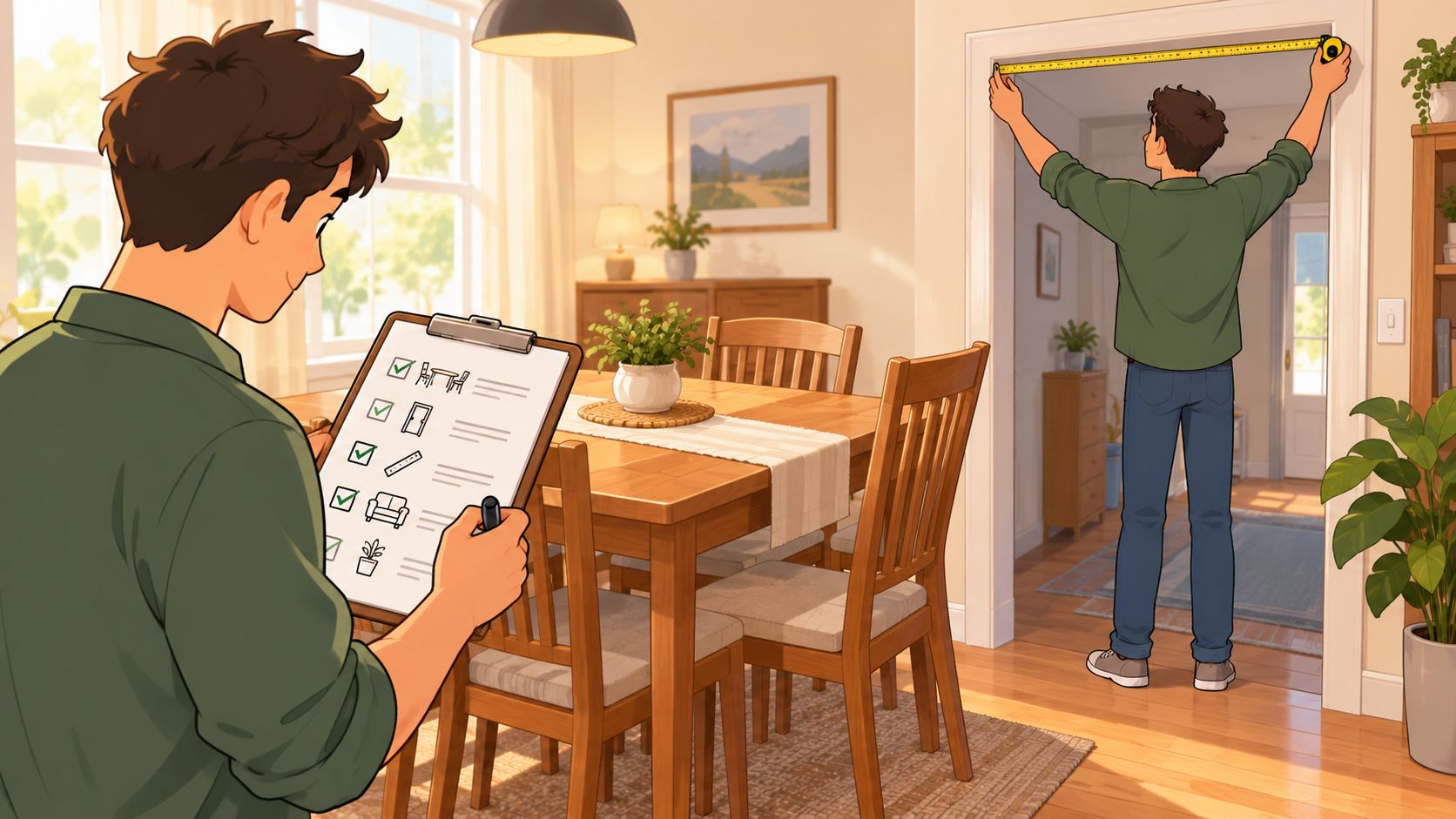 A man uses a tape measure on a doorway while another person checks a list indoors.
