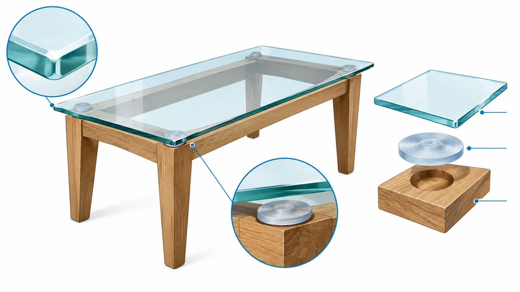 A wooden coffee table with a glass top shown with detailed callouts of the glass mount assembly.