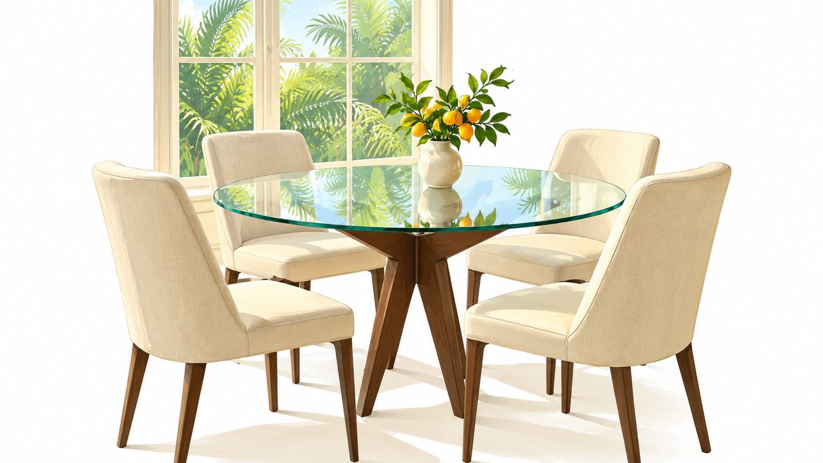 A modern round dining set with a glass top table and four beige upholstered chairs by a window.