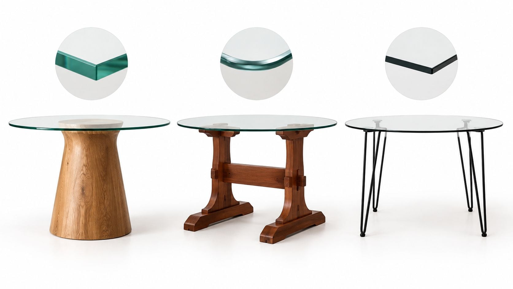 Three different round glass-top dining tables featuring unique pedestal, trestle, and hairpin leg base designs.
