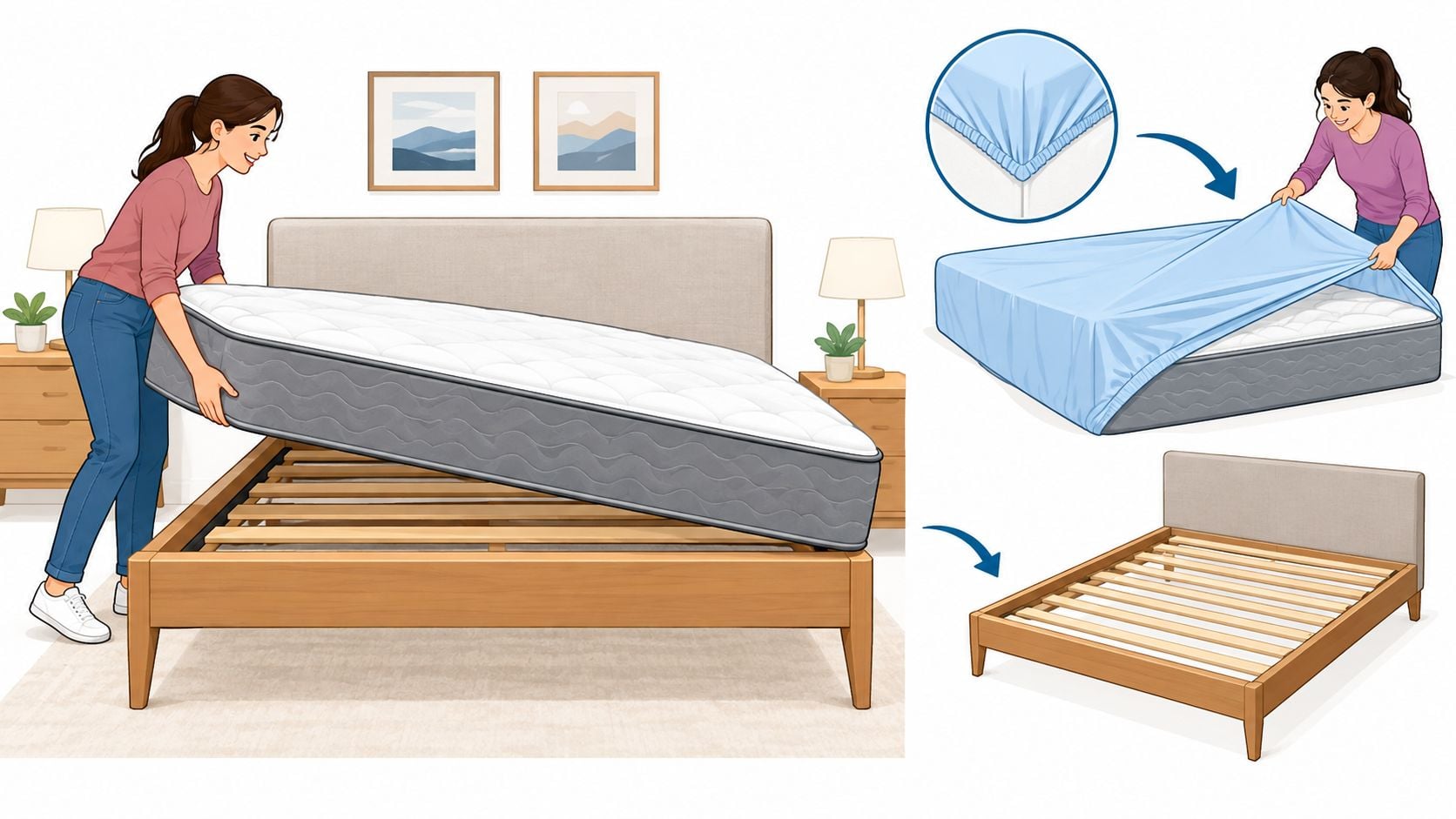 A woman placing a mattress onto a wooden bed frame while another shows placing a fitted sheet.