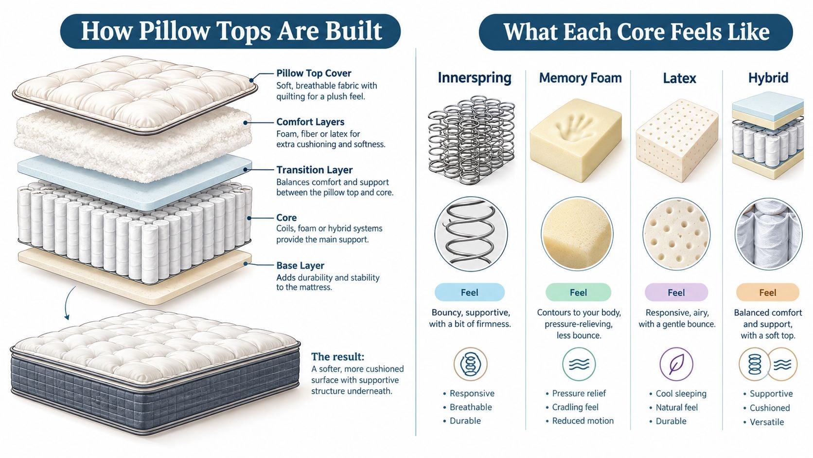 A detailed infographic showing the layers of a pillow top mattress and comparing common mattress core materials.