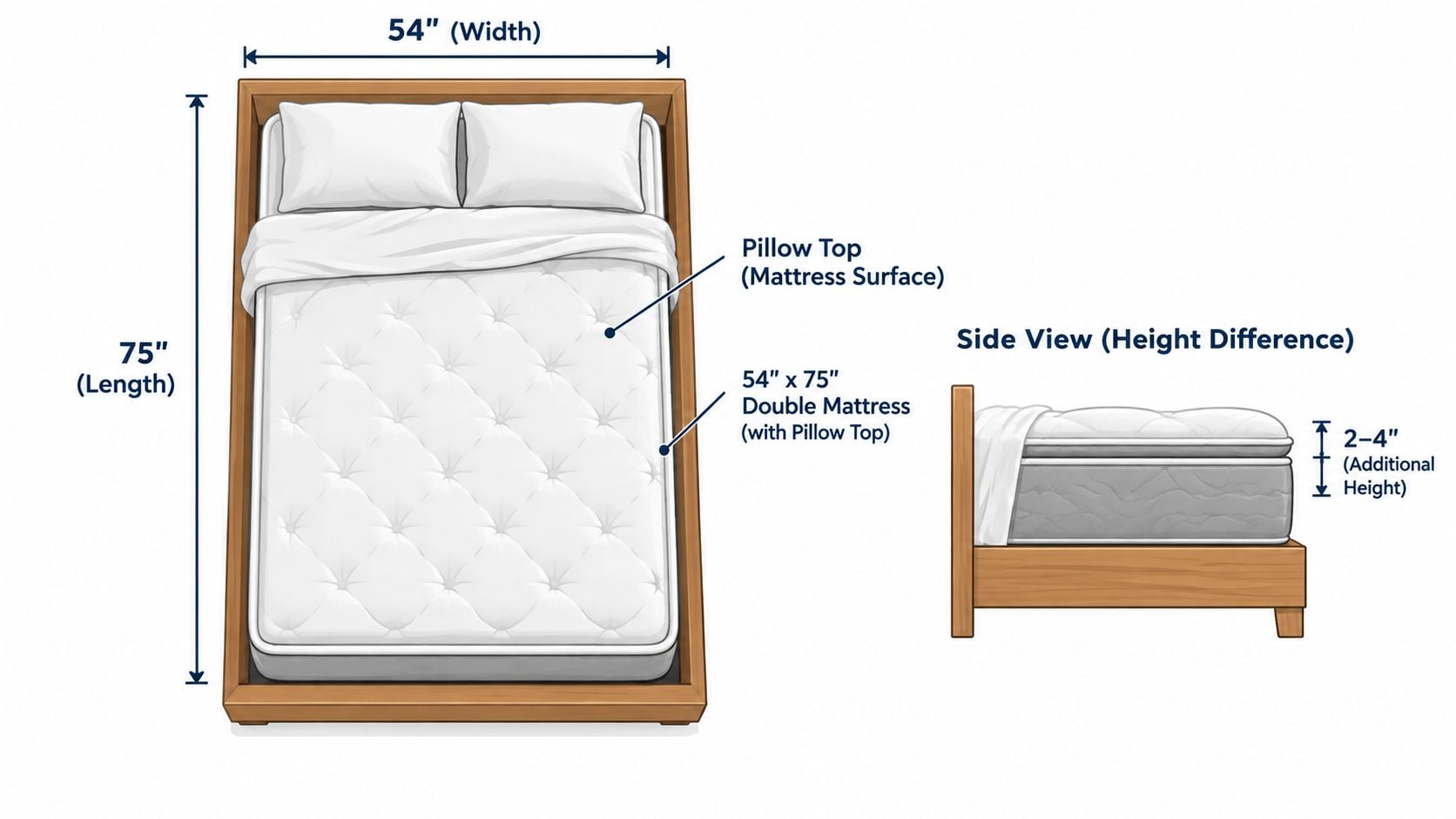 A diagram illustrating the dimensions of a double mattress with a pillow top, featuring top and side views.
