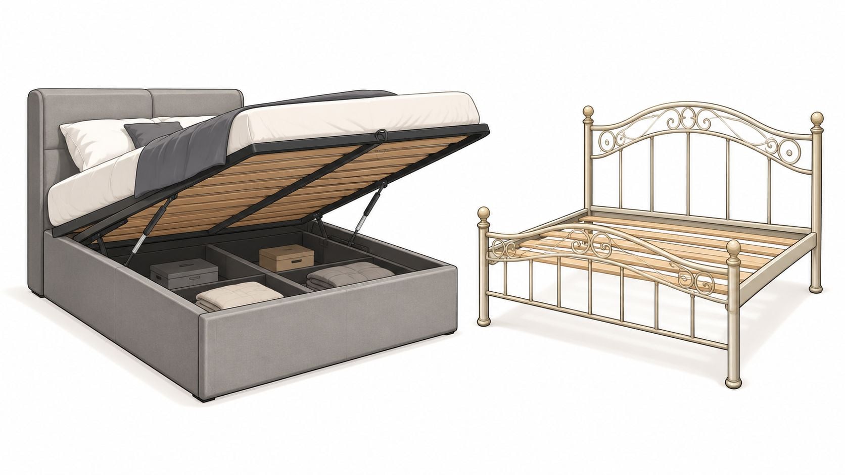 A split view comparison showing an upholstered grey storage bed and a vintage style metal bed frame.