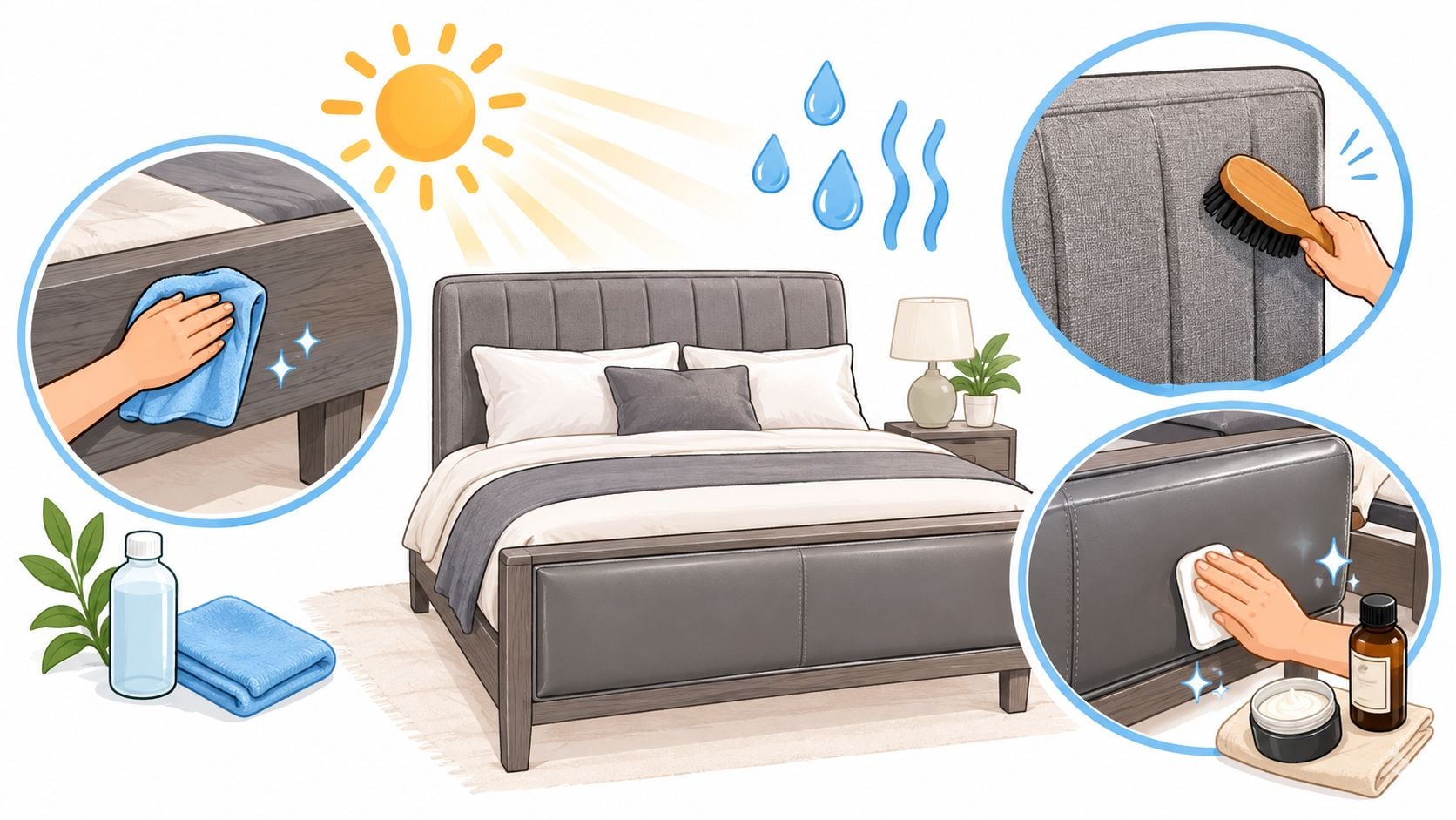 An illustration demonstrating how to clean and maintain a grey king bed with various cleaning tools.