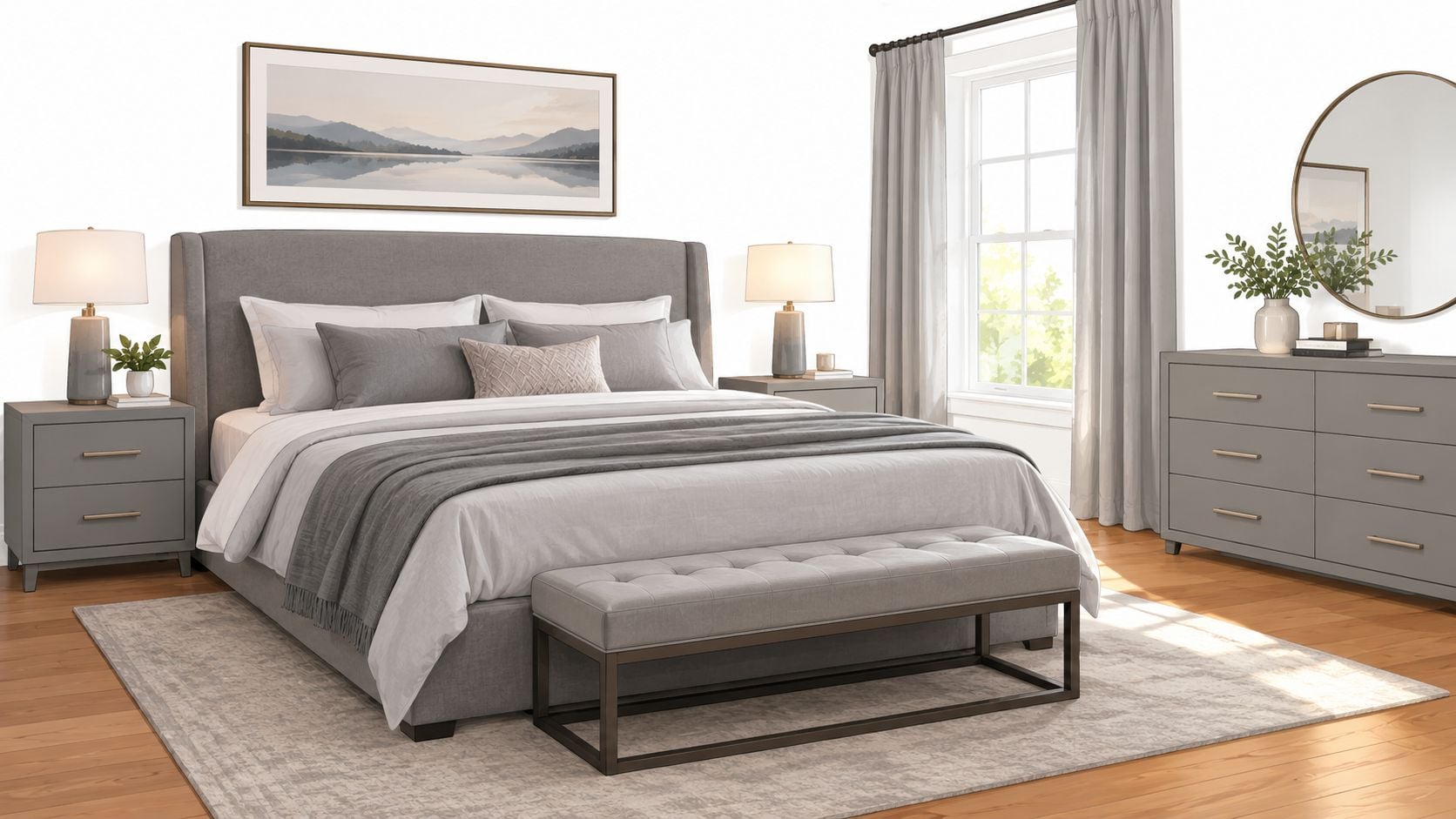 A modern grey king bed with a tufted bench at the foot in a bright, elegant bedroom setting.